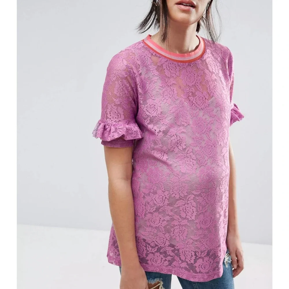 ASOS Maternity Lilac Lace Ruffle Sleeve Stripe Tipping T-Shirt Size 18 - Picture 2 of 13